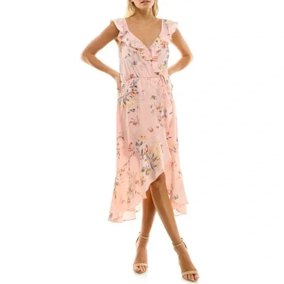 Socialite V-Neck Ruffle Midi Dress in Pink Floral Print - Picture 2 of 6